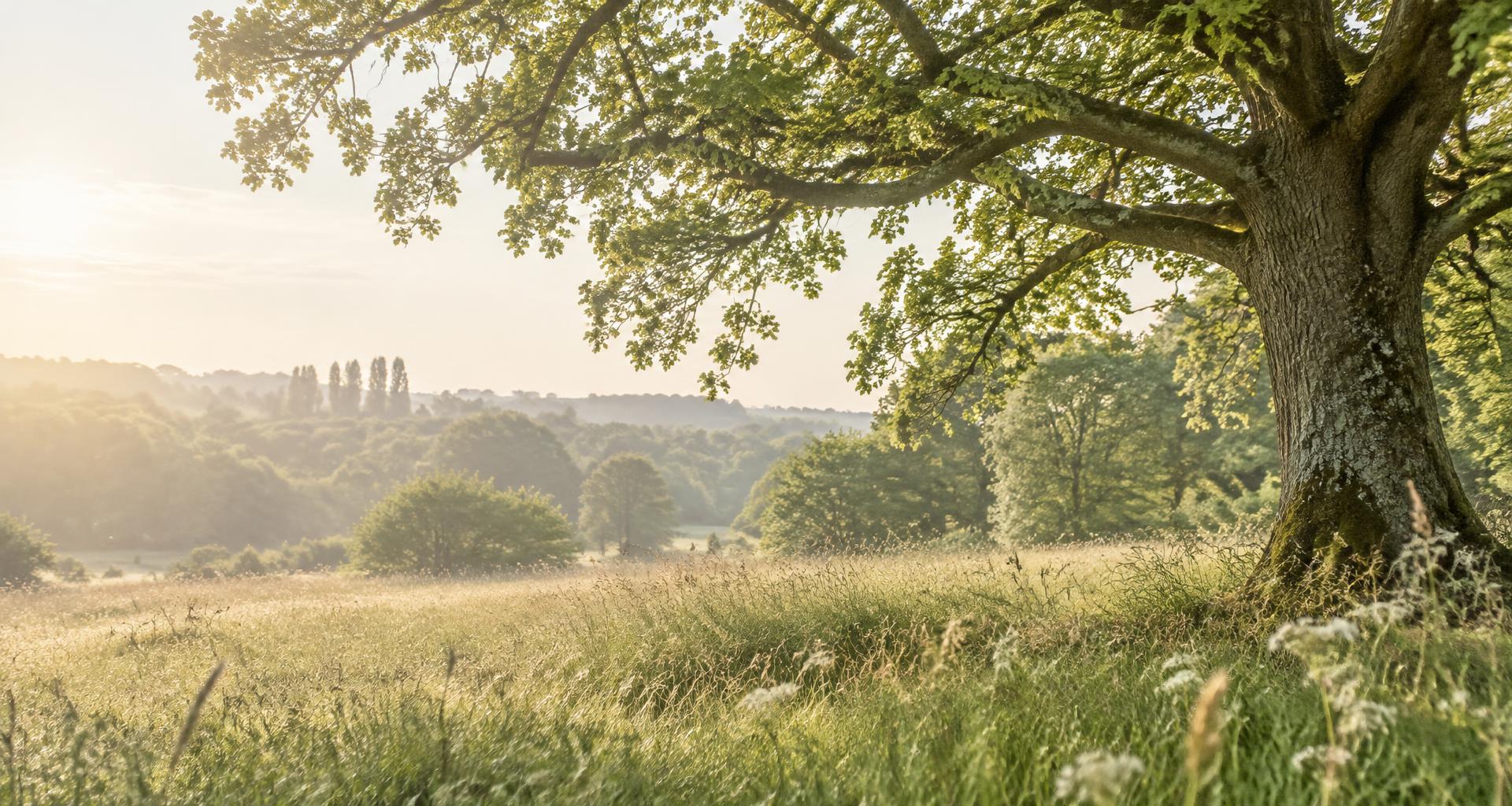 Een boom in een rustig, zonovergoten landschap