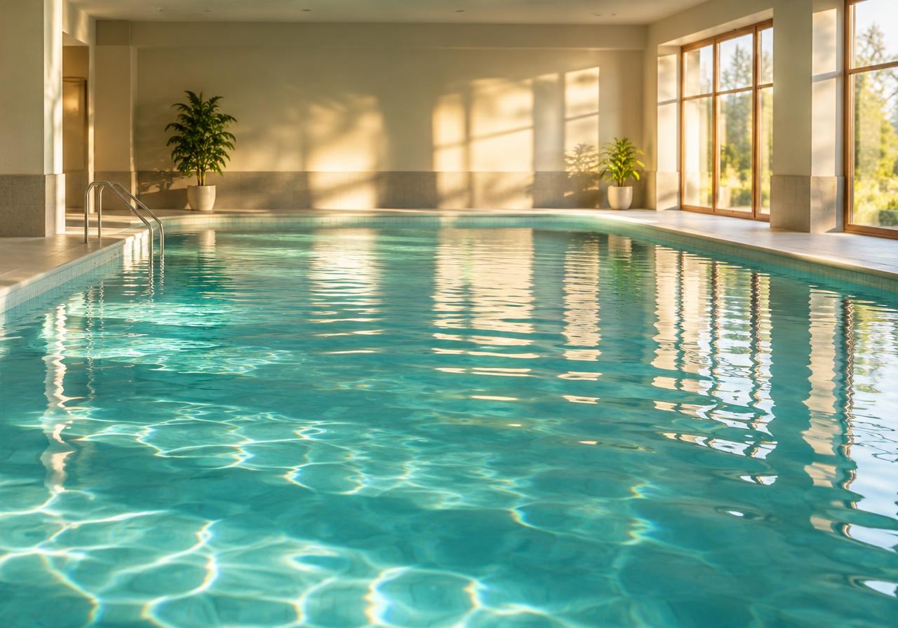Een rustig binnenzwembad met zacht licht op het water